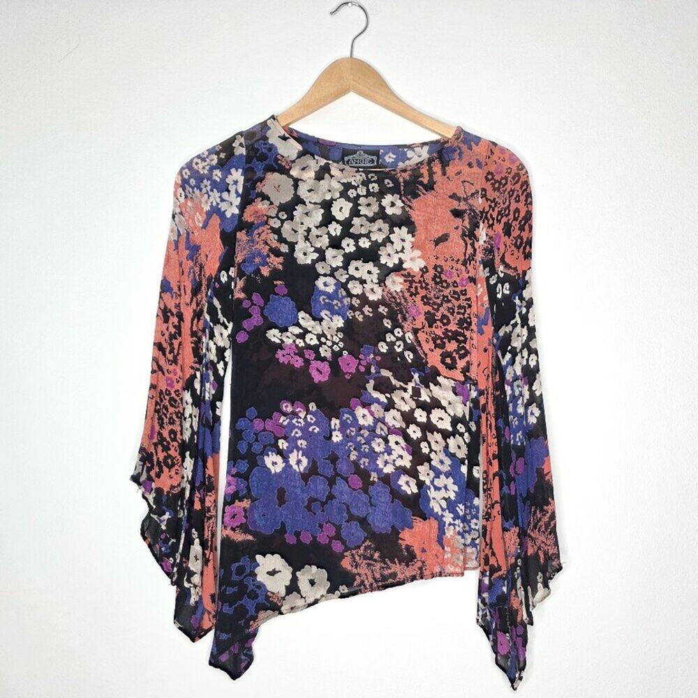 Angie Boho Mixed Floral Bell Sleeve Blouse Asymmetric Hem Sheer Mesh Top